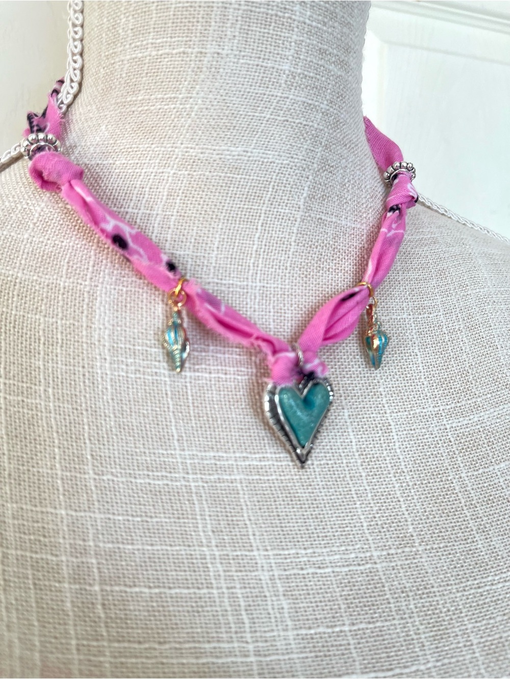 Pink Scarf Necklace with Turquoise Heart and Shell Charms